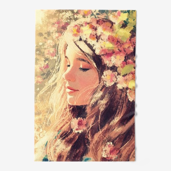 Полотенце «Девушка с цветами, красивый весенний/летний солнечный принт, жизнерадостный портрет для хорошего настроения»