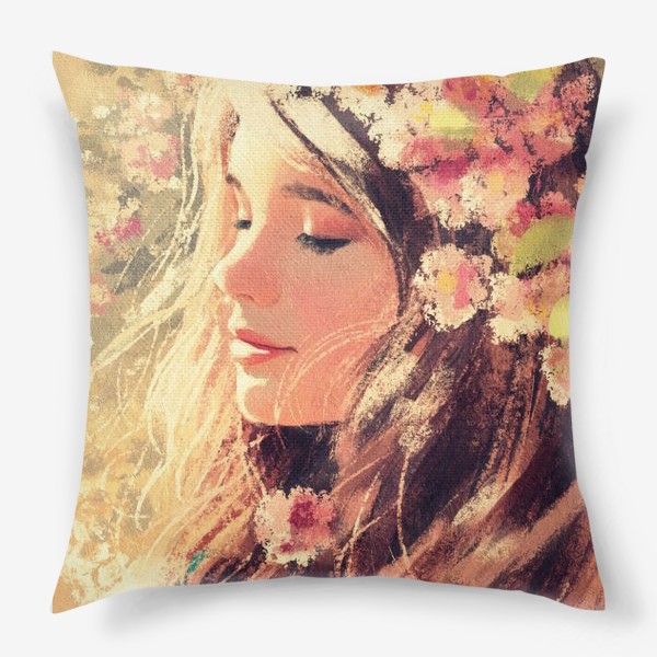 Подушка «Девушка с цветами, красивый весенний/летний солнечный принт, жизнерадостный портрет для хорошего настроения»