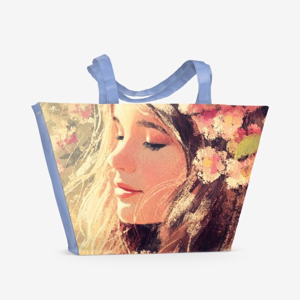 Пляжная сумка «Девушка с цветами, красивый весенний/летний солнечный принт, жизнерадостный портрет для хорошего настроения»