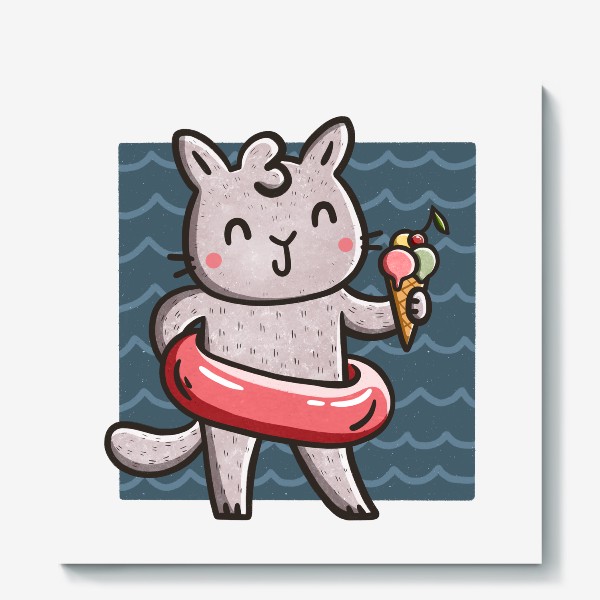 Холст «Кошка с мороженым на пляже. Море. Лето»