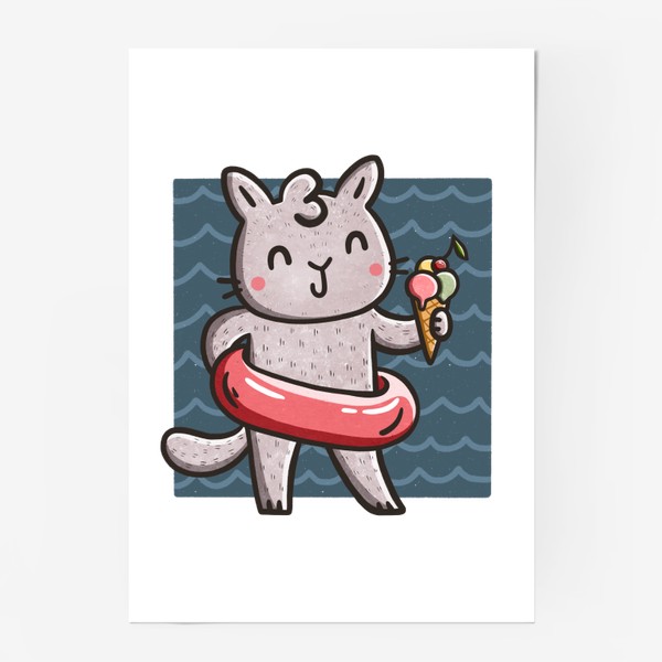 Постер «Кошка с мороженым на пляже. Море. Лето»