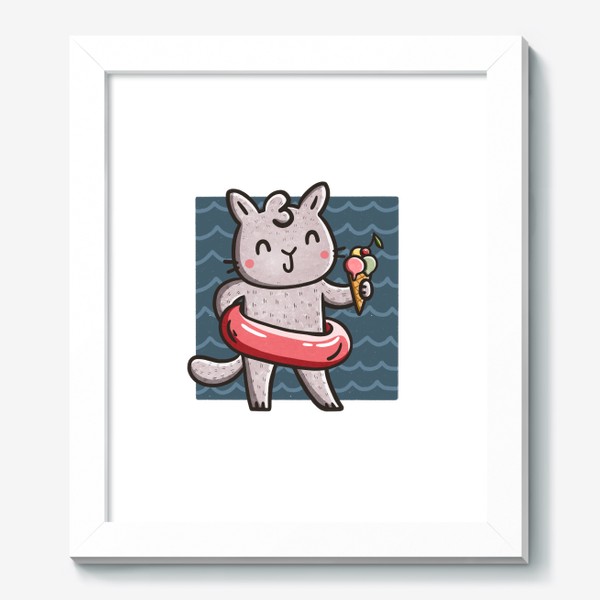 Картина «Кошка с мороженым на пляже. Море. Лето»