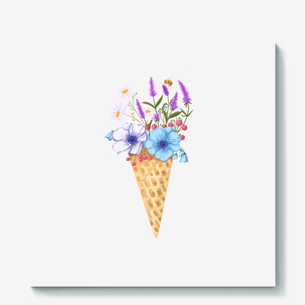 Холст «Цветочное мороженое. Анемоны, ромашка, лаванда, пчела»