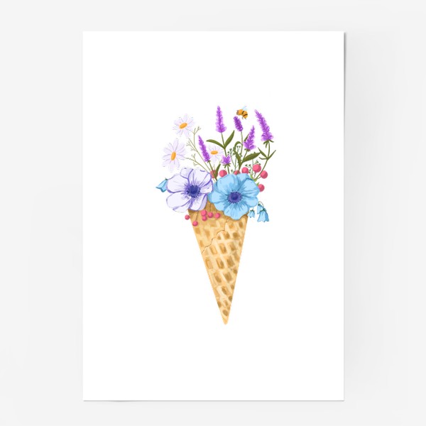 Постер «Цветочное мороженое. Анемоны, ромашка, лаванда, пчела»