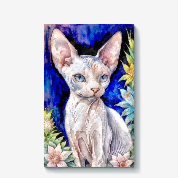 Холст «Кот сфинкс с цветами акварель»