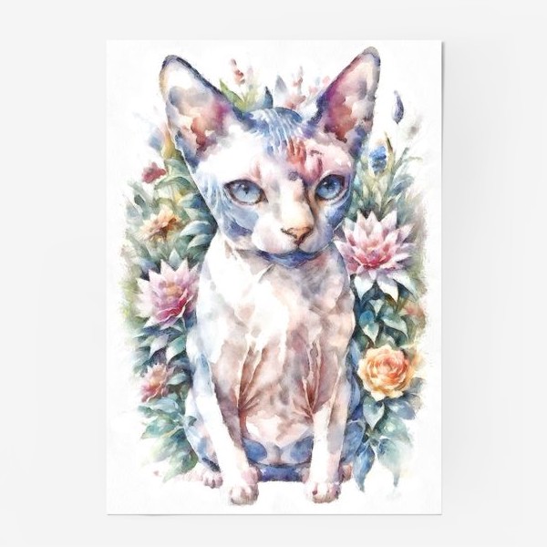 Постер «Кот породы сфинкс в цветах акварель»