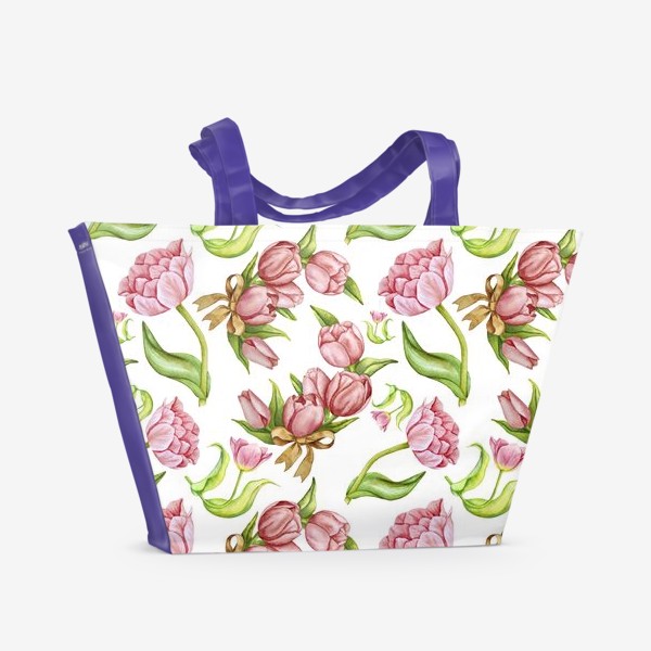 Пляжная сумка «Бесшовный цветочный паттерн. Тюльпаны. Акварель»