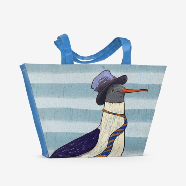 Пляжная сумка «Чайка в шляпе на полосатом фоне»