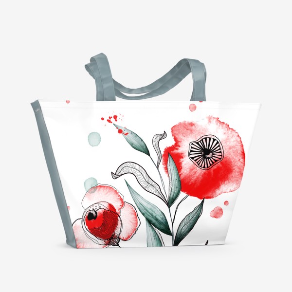Пляжная сумка «Акварельные красные цветы и чёрный линер»