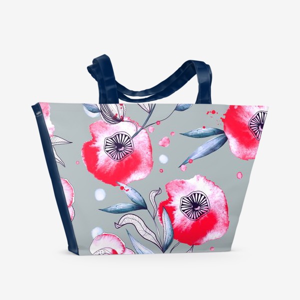 Пляжная сумка «Акварельные красные цветы. Паттерн на сером фоне»