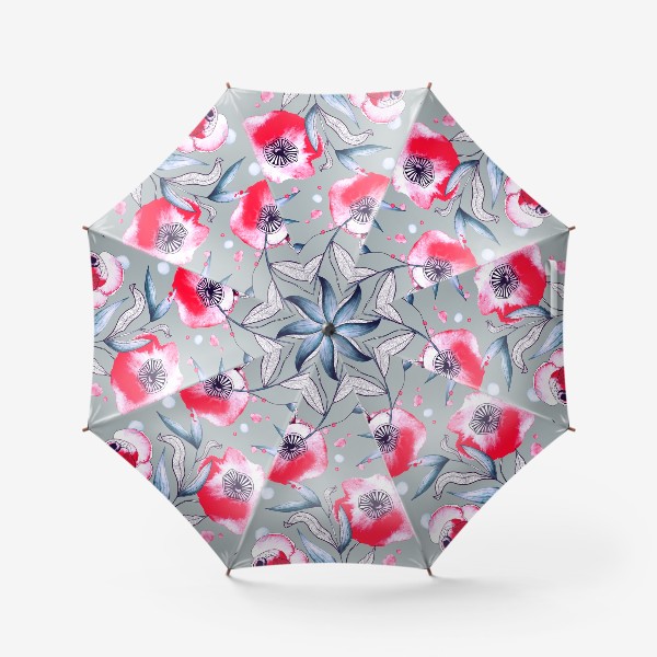 Зонт «Акварельные красные цветы. Паттерн на сером фоне»