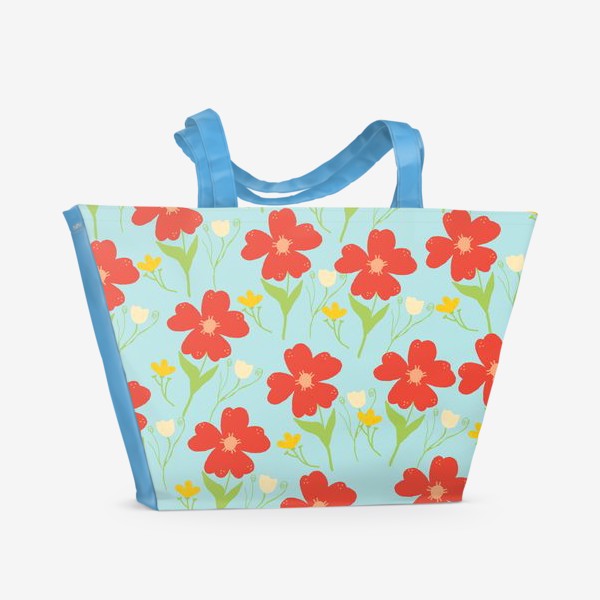 Пляжная сумка «Красные цветы на голубом фоне.»