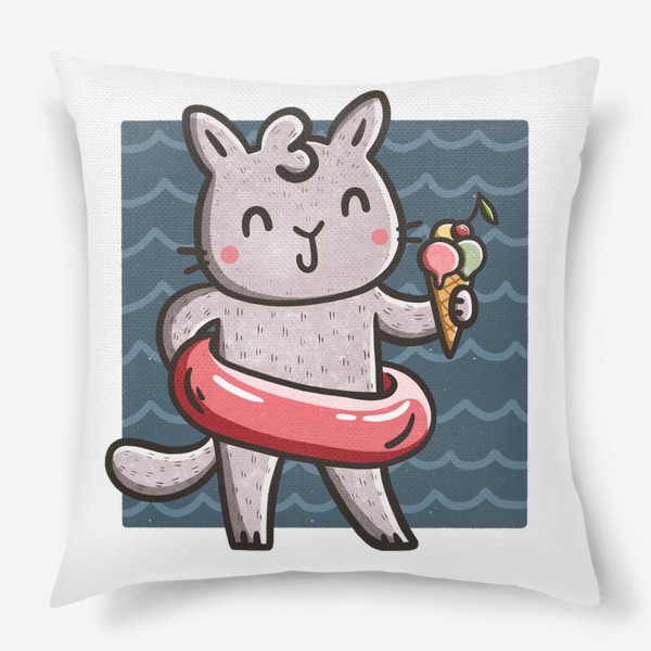 Подушка &laquo;Кошка с мороженым на пляже. Море. Лето&raquo;