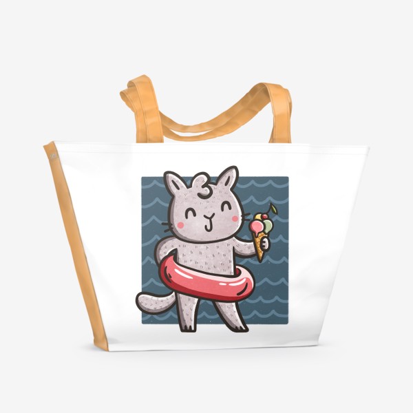 Пляжная сумка «Кошка с мороженым на пляже. Море. Лето»