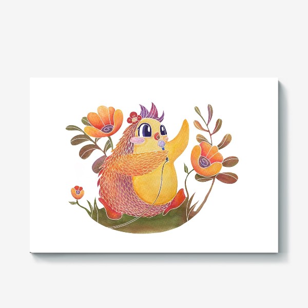 Холст «Милая акварельная птичка с цветами»