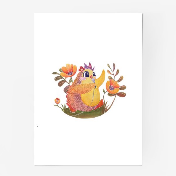 Постер «Милая акварельная птичка с цветами»