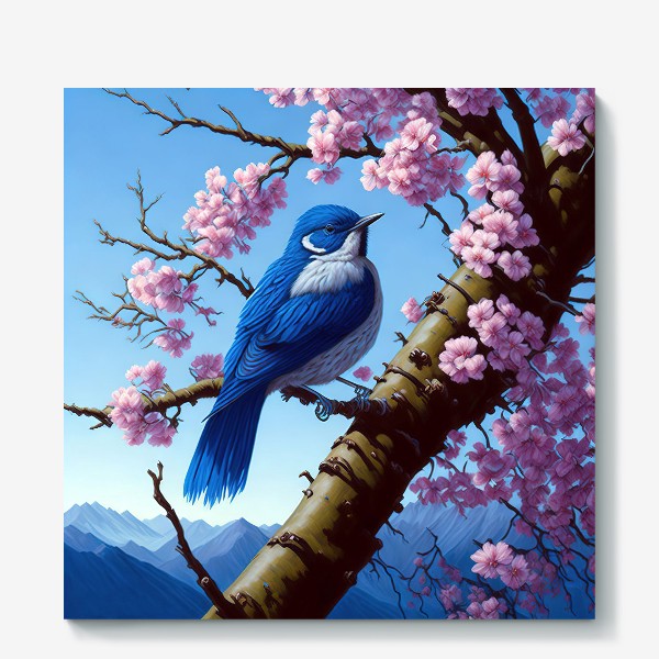 Холст «Синяя птичка и сакура»