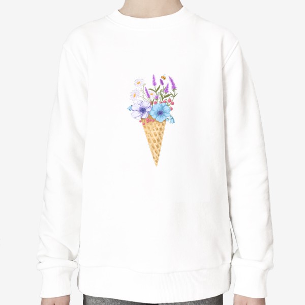 Свитшот «Цветочное мороженое. Анемоны, ромашка, лаванда, пчела»