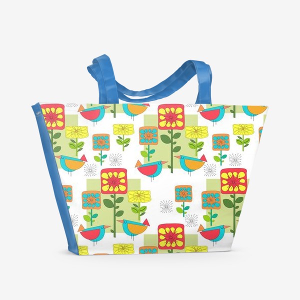 Пляжная сумка «Бесшовный паттерн с абстрактными цветами и птицами.»