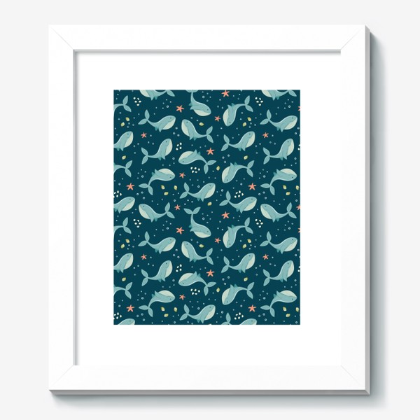 Картина «Морской принт с китами, ракушками и морскими звездами»