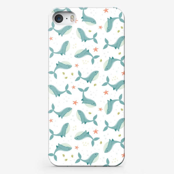 Чехол iPhone &laquo;Морской принт с китами, ракушками и морскими звездами&raquo;