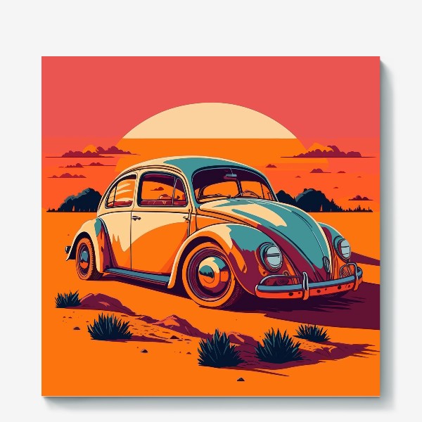 Холст «Ретро авто на фоне пустыни в стиле винтажного постера»
