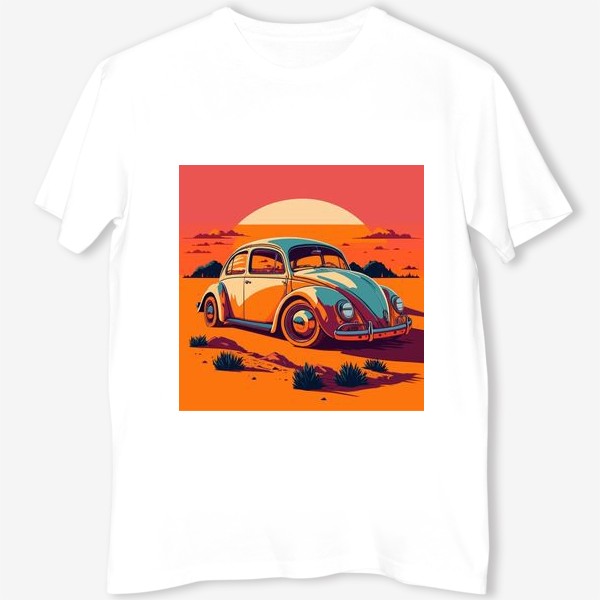 Футболка «Ретро авто на фоне пустыни в стиле винтажного постера»
