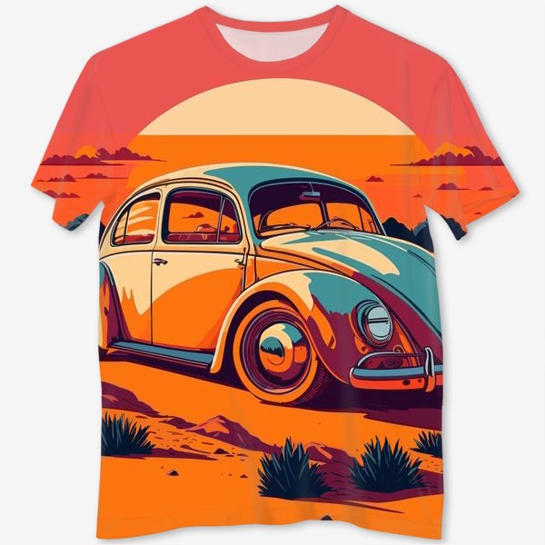 Футболка с полной запечаткой «Ретро авто на фоне пустыни в стиле винтажного постера»