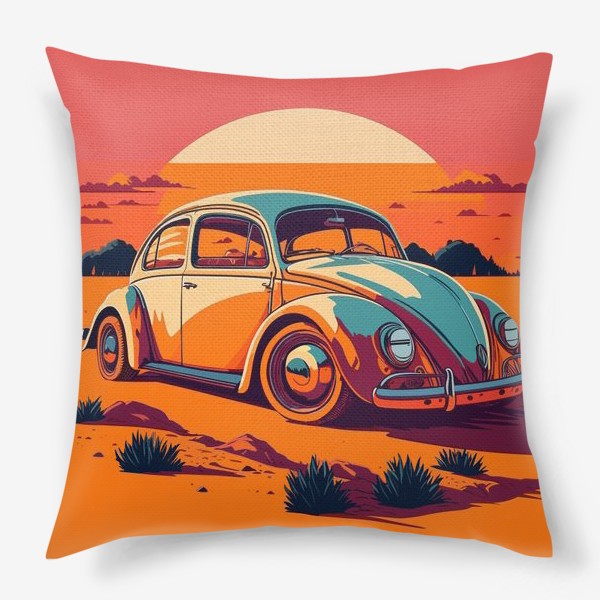 Подушка «Ретро авто на фоне пустыни в стиле винтажного постера»