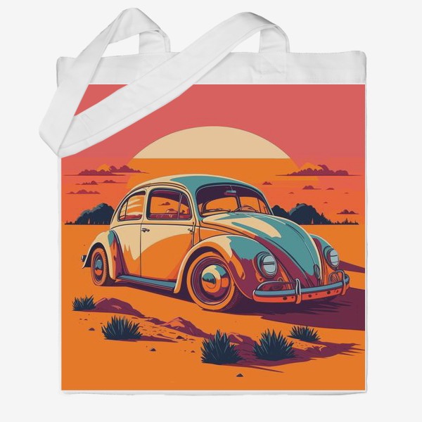 Сумка хб «Ретро авто на фоне пустыни в стиле винтажного постера»