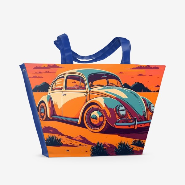 Пляжная сумка &laquo;Ретро авто на фоне пустыни в стиле винтажного постера&raquo;