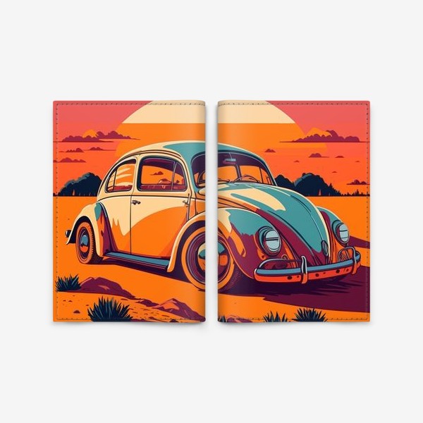 Обложка для паспорта «Ретро авто на фоне пустыни в стиле винтажного постера»