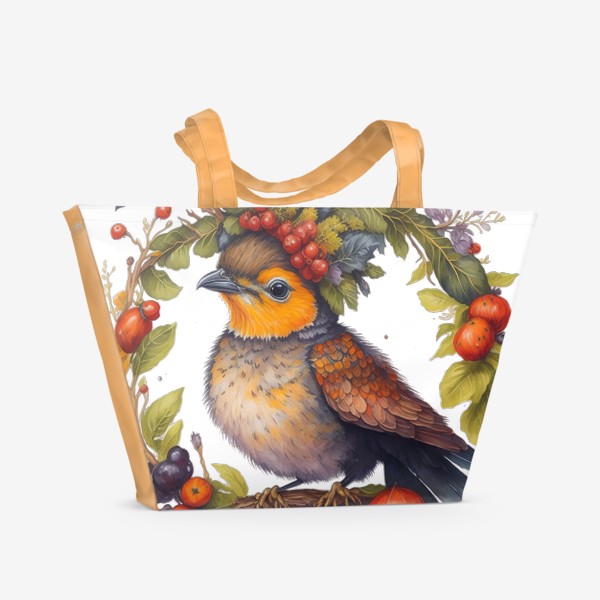 Пляжная сумка «Иллюстрация Воробей и дары лета»