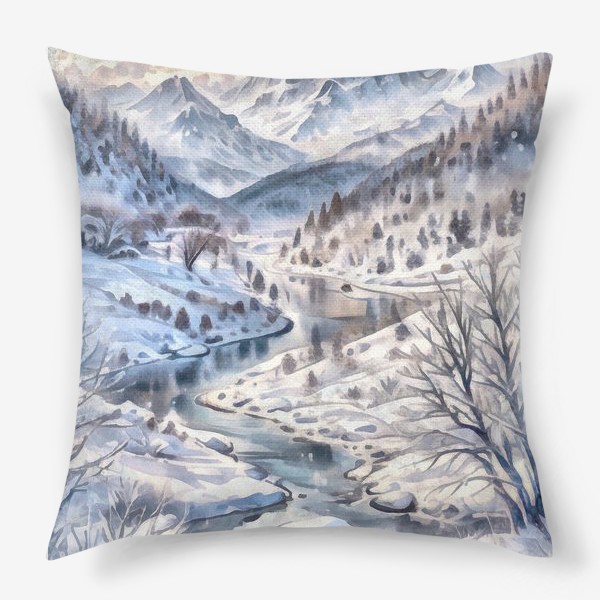 Подушка «Зима в горах акварель»