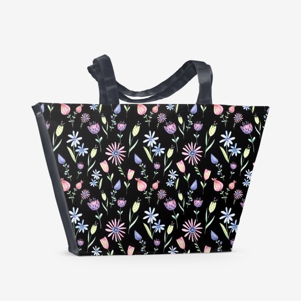 Пляжная сумка «Цветочный ковер на черном фоне»