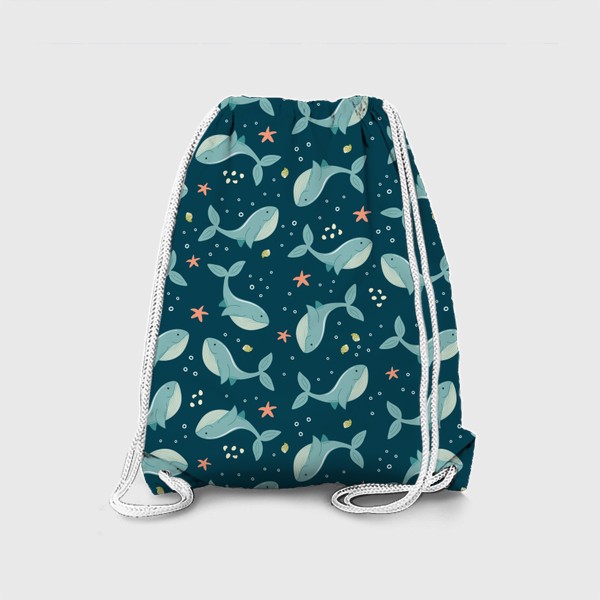 Рюкзак «Морской принт с китами, ракушками и морскими звездами»