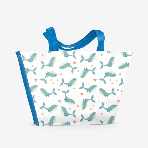 Пляжная сумка «Морской принт с китами, ракушками и морскими звездами»