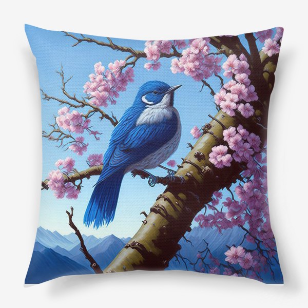 Подушка «Синяя птичка и сакура»