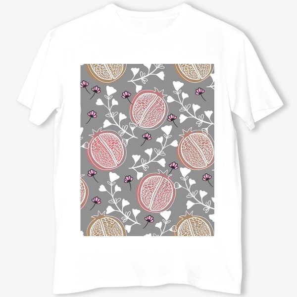 Футболка «Пастельно-розовые гранаты и белые веточки на сером фоне»