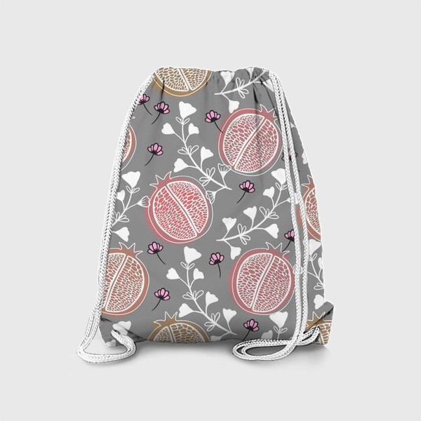Рюкзак «Пастельно-розовые гранаты и белые веточки на сером фоне»