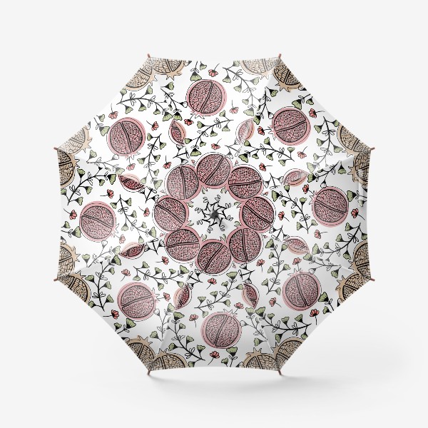 Зонт «Пастельно-розовые гранаты и зелёные веточки на белом фоне»