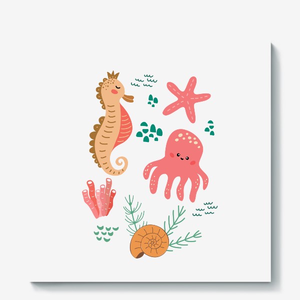 Холст «Детский постер с милыми морскими животными»