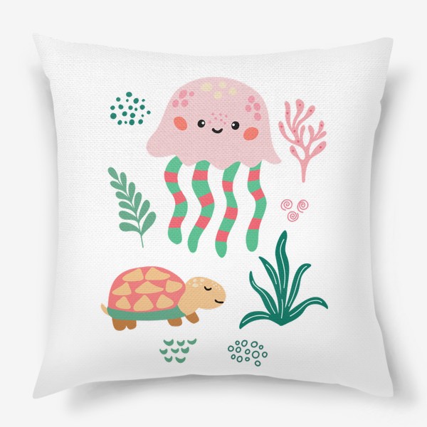 Подушка «Детский постер с морскими животными и растениями»