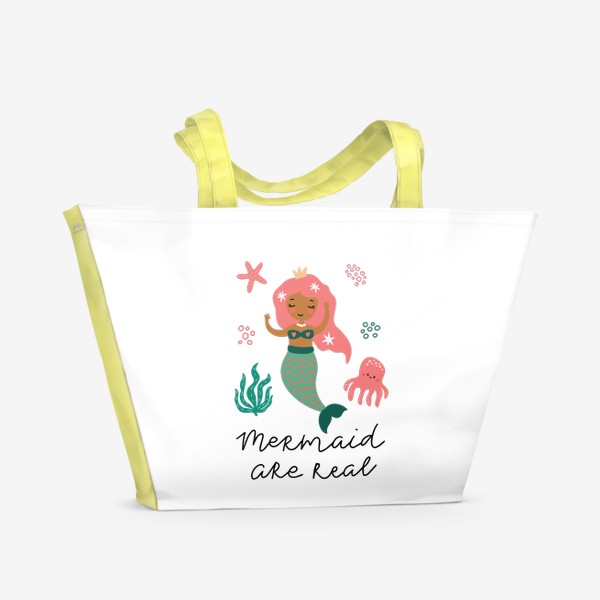 Пляжная сумка «Постер с милой русалкой, осьминогом и надписью »