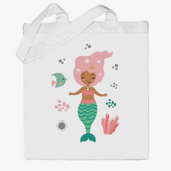 Сумка хб «Детский постер с русалкой, рыбкой и кораллами»
