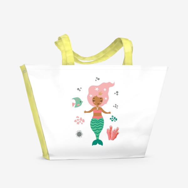 Пляжная сумка «Детский постер с русалкой, рыбкой и кораллами»