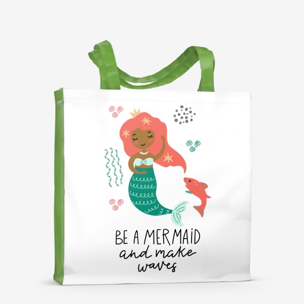 Сумка-шоппер «Постер с веселой русалкой, рыбкой и надписью»
