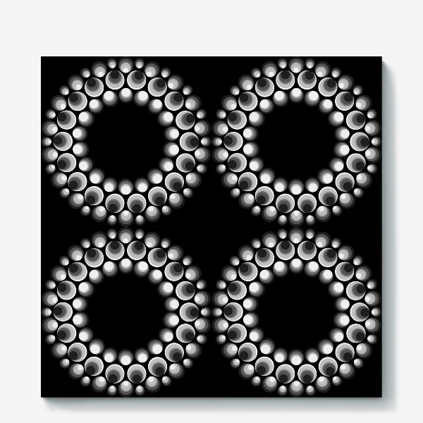 Холст «Паттерн из серо-белых кругов с растяжками на черном фоне»