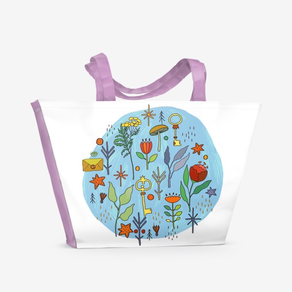 Пляжная сумка «Волшебные цветы на фоне голубого круга неправильной формы»