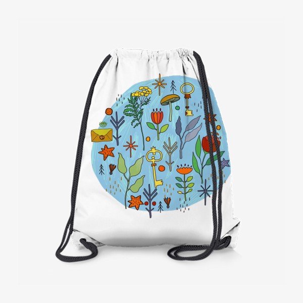 Рюкзак «Волшебные цветы на фоне голубого круга неправильной формы»